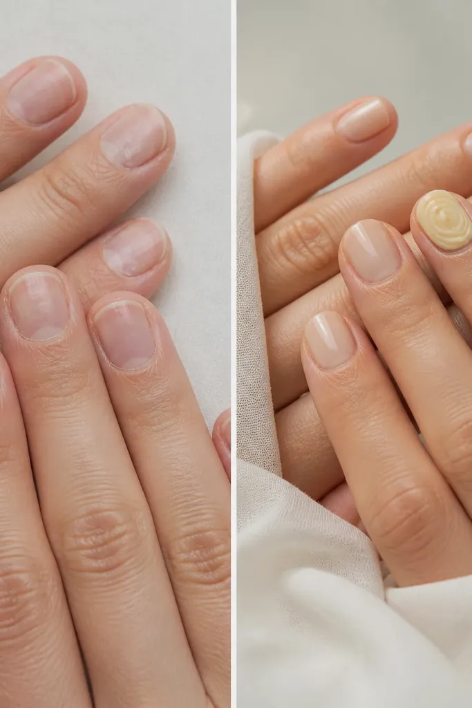 Before/after on short nails. The before looks dry and uneven with ridges. The after has a nude base with a raised buttercream-yellow swirl on one or two accent nails, glossy around the edges.