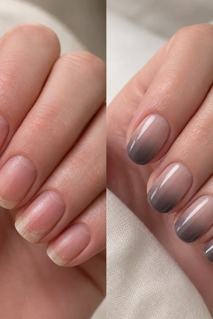 Before/after nails with the before showing uneven tips and peeling. The after has a grey taupe ombre that fades from the tip into a sheer nude near the cuticle, with a soft smoky blend and high gloss.