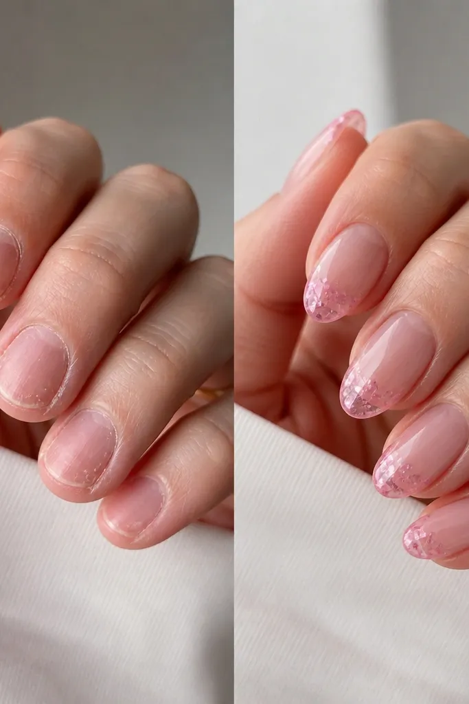 Before/after nails. The before has short, peeling nails. The after shows clear or translucent BIAB with pink crystal-like tips concentrated at the free edge, plus a glossy finish and clean cuticles.