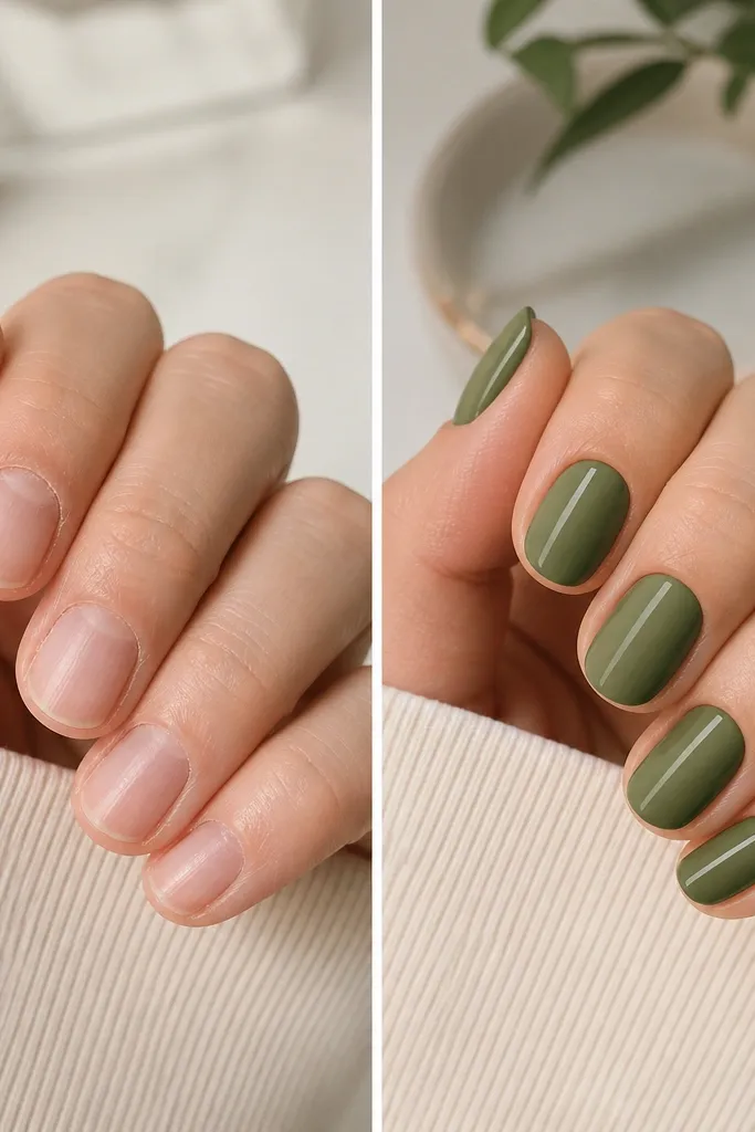 Before/after. The before shows dry cuticles and a dull nude nail. The after has an olive green BIAB with a satin/matte look on most nails, and glossy accents on the highlight stripe near the center.