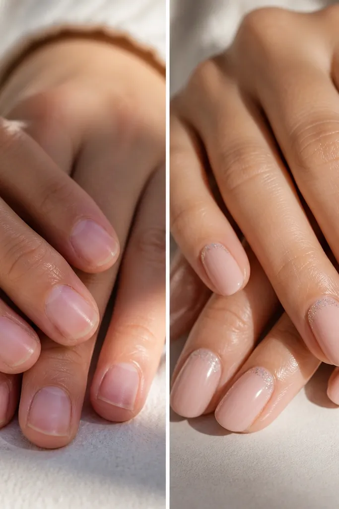 Before/after nails. The before is short and uneven. The after is nude pink with a raised halo of fine glitter around the cuticle area, and a glossy finish that makes the glitter glow.