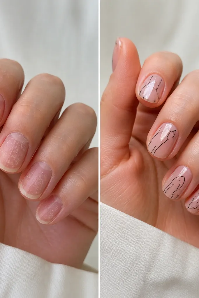 Before/after nails. The before shows peeling and a dull natural tone. The after is clear BIAB with crisp black line art like thin contour lines, and glossy topcoat over the art.