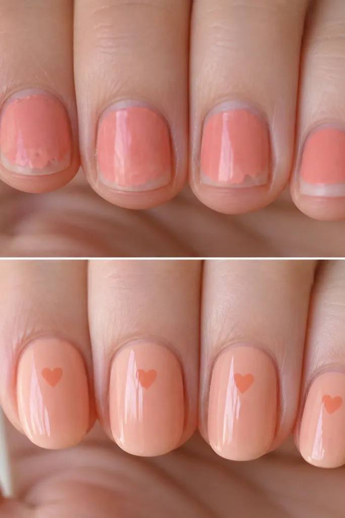Before/after nails. The before is short with patchy polish and uneven edges. The after has a peach jelly base and tiny heart decals or hand-painted hearts near the center-top of each nail, glossy finish.