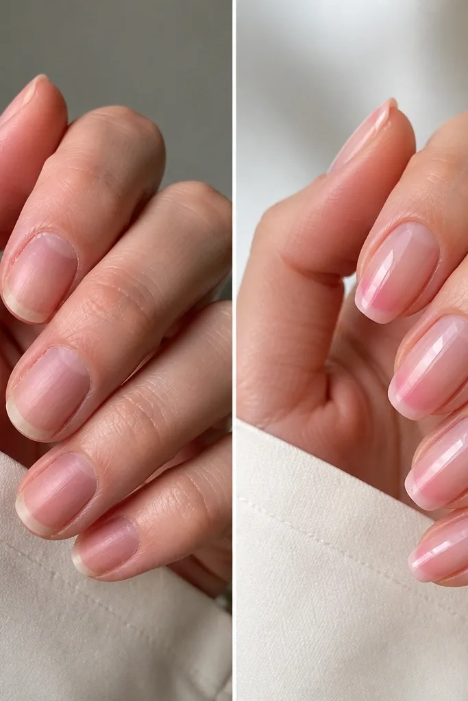 Before/after nails. The before has uneven tips and dryness. The after has a blush pink fade at the tip that transitions into a sheer nude base, with a soft French style and glossy finish.