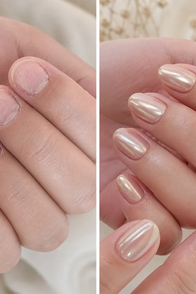 Before/after nails with before showing peeling and dullness. The after shows nude BIAB underneath and a champagne chrome overlay on top nails, with mirror-like shine and clean edges.
