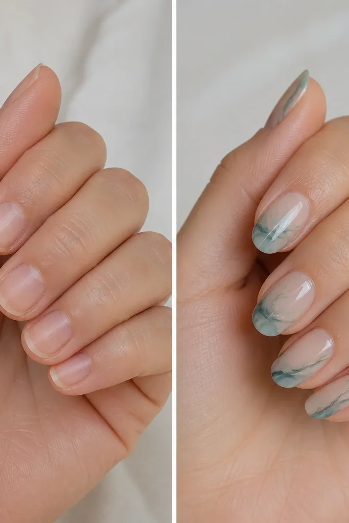 Before/after nails. The before is short and uneven with dull natural color. The after shows a sheer nude base with teal marble veins that look like natural stone, glossy topcoat, and smooth cuticle lines.