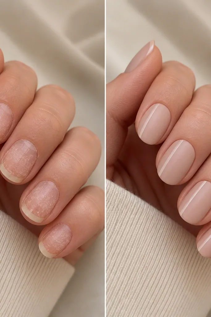 Before/after nails. The before nails are uneven and peeling. The after is a matte nude finish on all nails with one glossy stripe running down one side of each nail, and crisp cuticles.