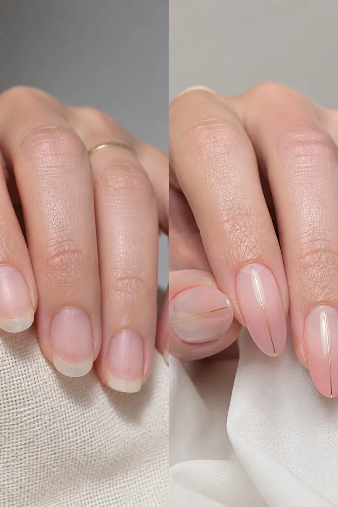Before/after nails. The before shows thin nails and tip wear. The after has a clear-to-pink ombré that fades from the tip into a transparent base, plus an ultra-thin gold foil line running vertically down the center on each nail.