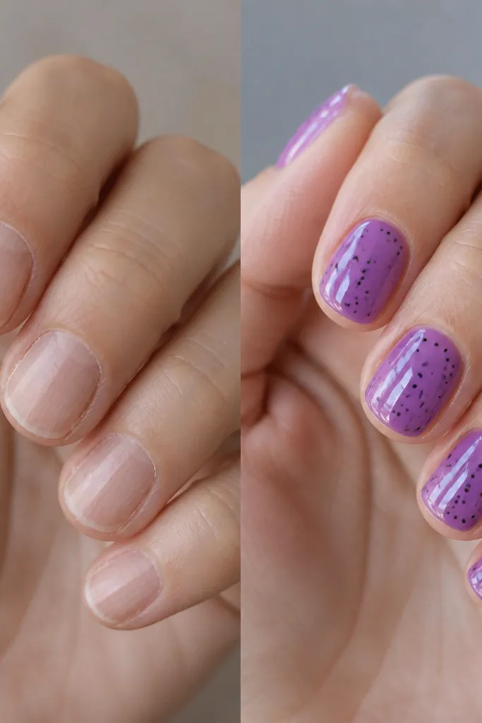 Before/after nails. The before is dull and peeling. The after has a glossy purple jelly base and scattered tiny black micro dots placed in a pattern across each nail, with clean cuticles.