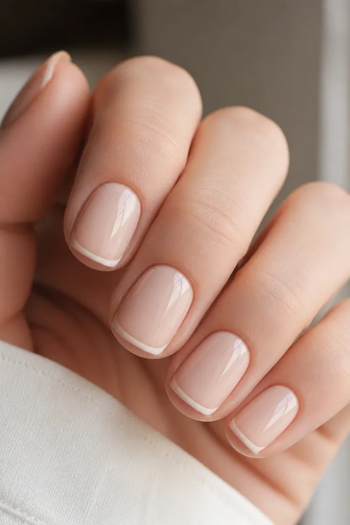 Short rounded-square nails on a light skin-toned hand. The base is milky nude, semi-opaque. The tips have ultra-thin white French lines, with a tiny gap of nude between line and nail edge. Glossy top coat reflects light.