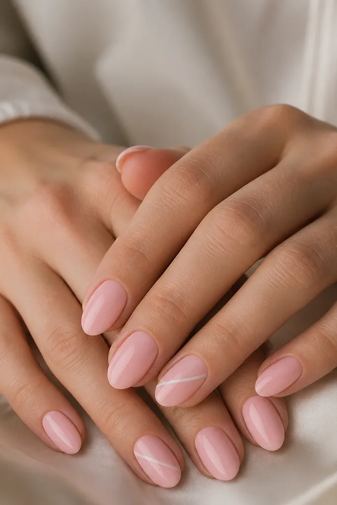 Short soft-almond nails in baby pink. On each ring finger, there is one skinny diagonal stripe in glossy white running from lower center toward the upper right. Other nails are plain pink with high shine.