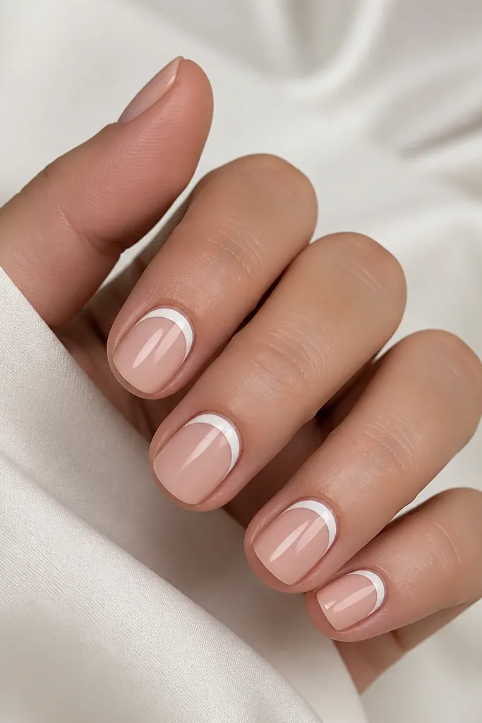 Short rounded-square nails in nude. At the cuticle area, there's a crisp reverse half-moon outline in glossy white with a thin inner nude gap. The rest of the nail is plain nude, glossy.