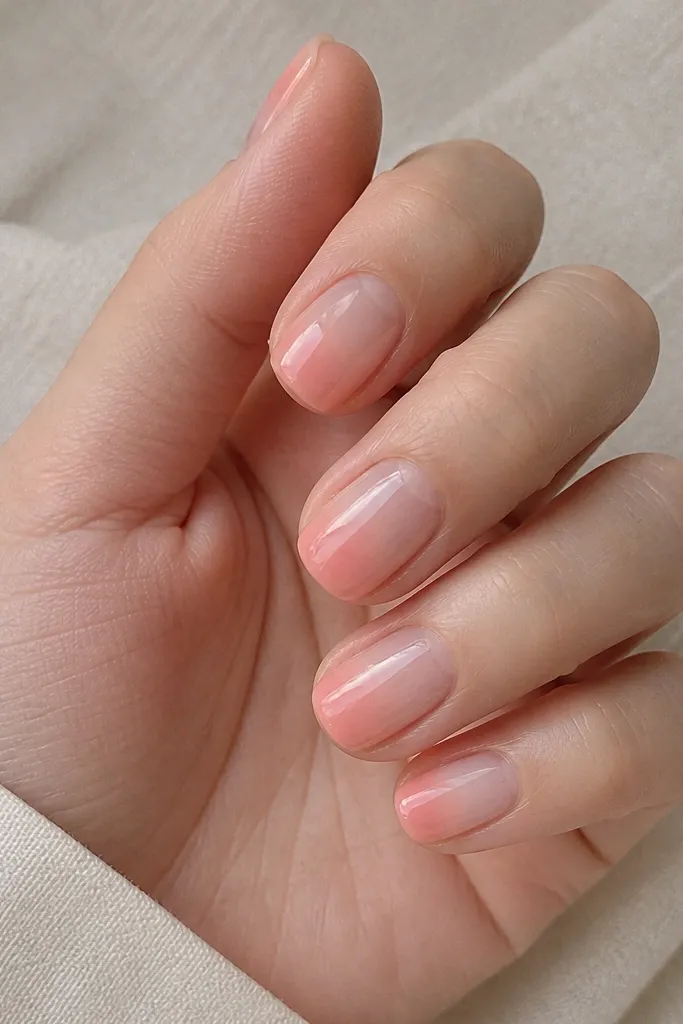 Short nails with a clear jelly look. The base is see-through and glossy. The tips have a soft peachy pink tint that fades into the clear base, like an ombré wash. No harsh lines, smooth gradient.