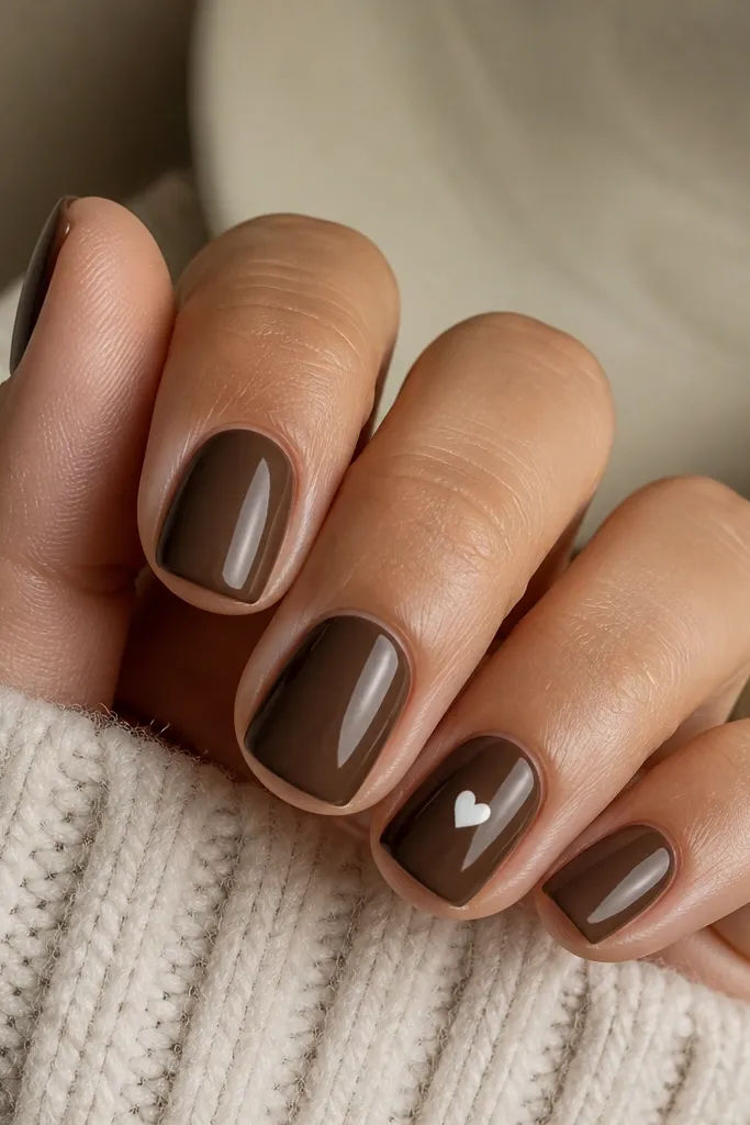Short rounded-square nails painted chocolate brown, glossy. Only the ring finger has a tiny white heart centered near the middle of the nail. Other nails are plain brown.