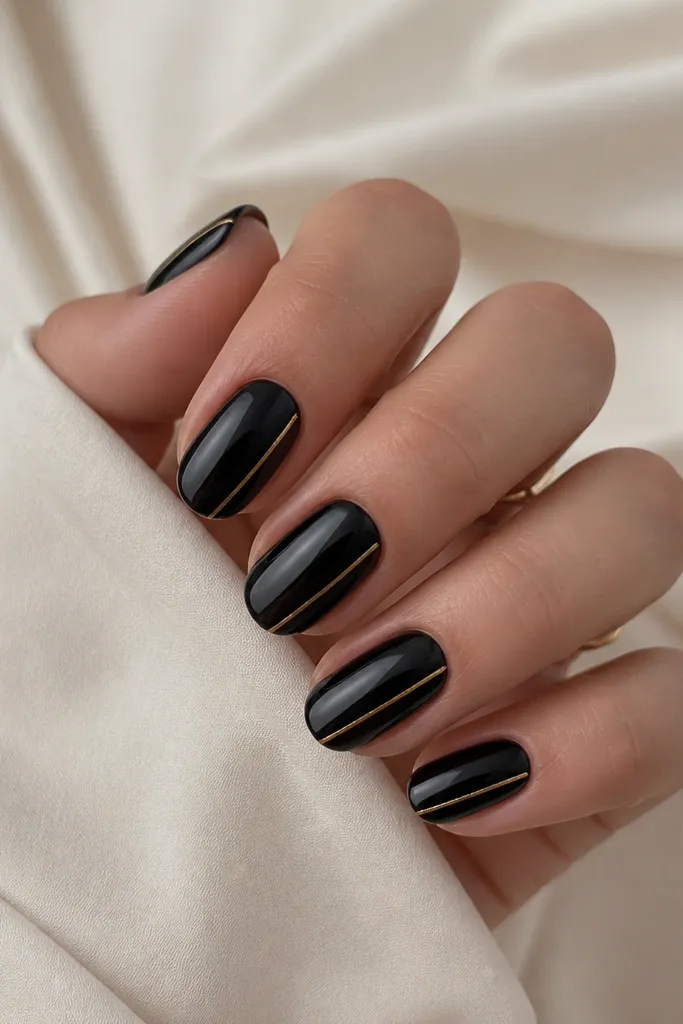 Short soft-almond nails in glossy black. On each nail, a single ultra-thin gold line runs vertically along the right sidewall from near the cuticle to the tip. Clean, straight line, high shine.