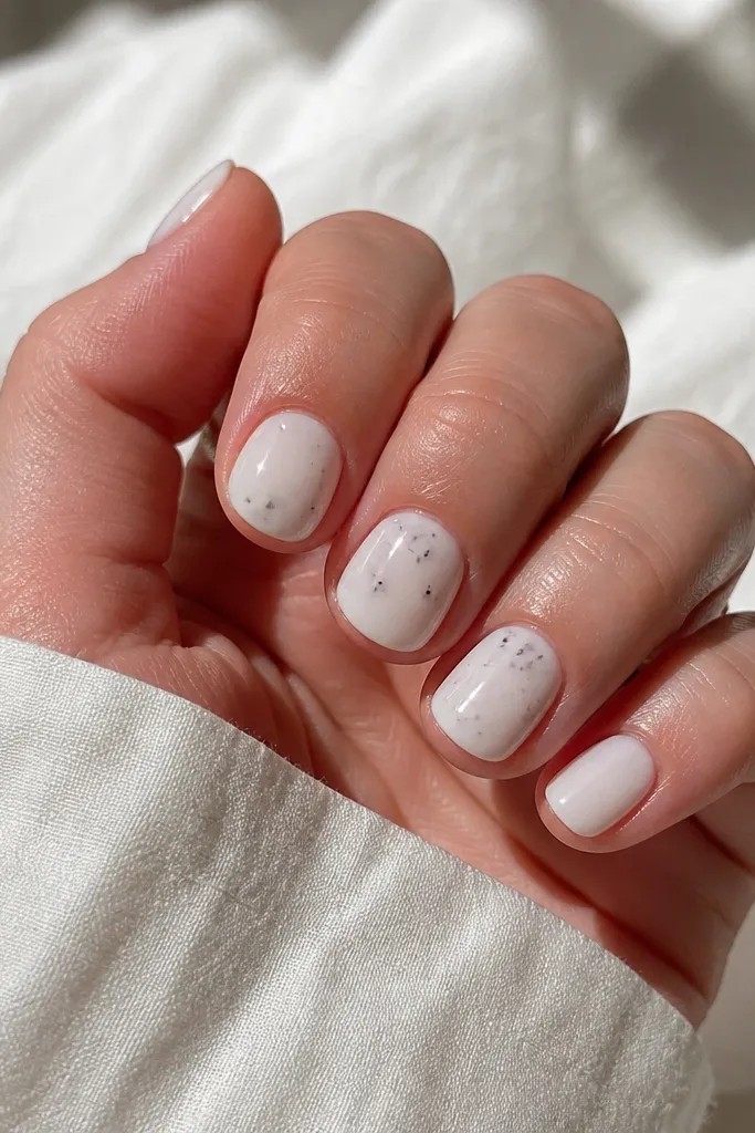 Short nails painted milky white. On two or three nails, there are soft gray speckles and tiny cloud-like blobs scattered near the center. The rest is plain white. Glossy finish.