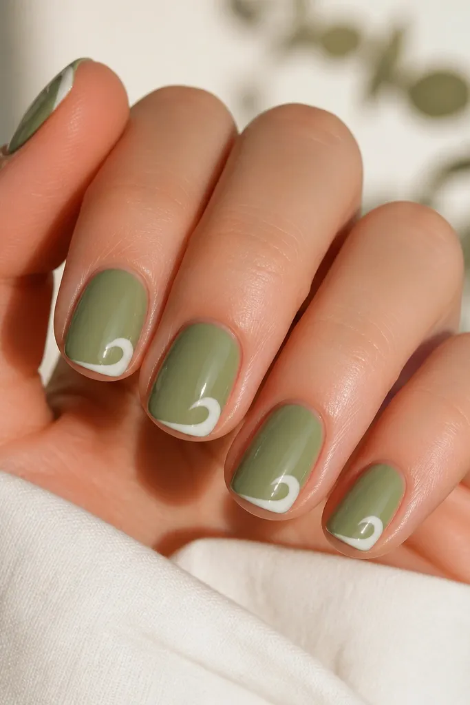 Short rounded-square nails in sage green. At the tips, instead of straight French, there's a half-swirl curve in white on the outer half, like a small crescent with a swirl tail. Glossy top coat.