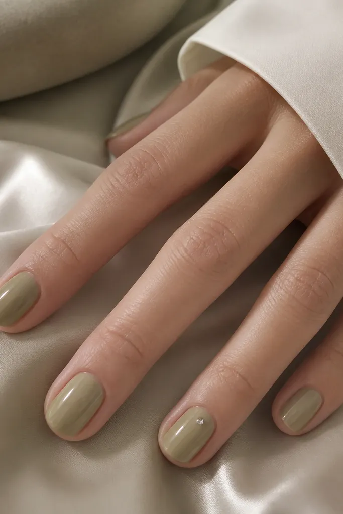 Short nails in olive nude (muted beige-green). On the index or middle finger, there's a single tiny clear rhinestone placed diagonally near the center, catching light. Other nails are plain glossy.
