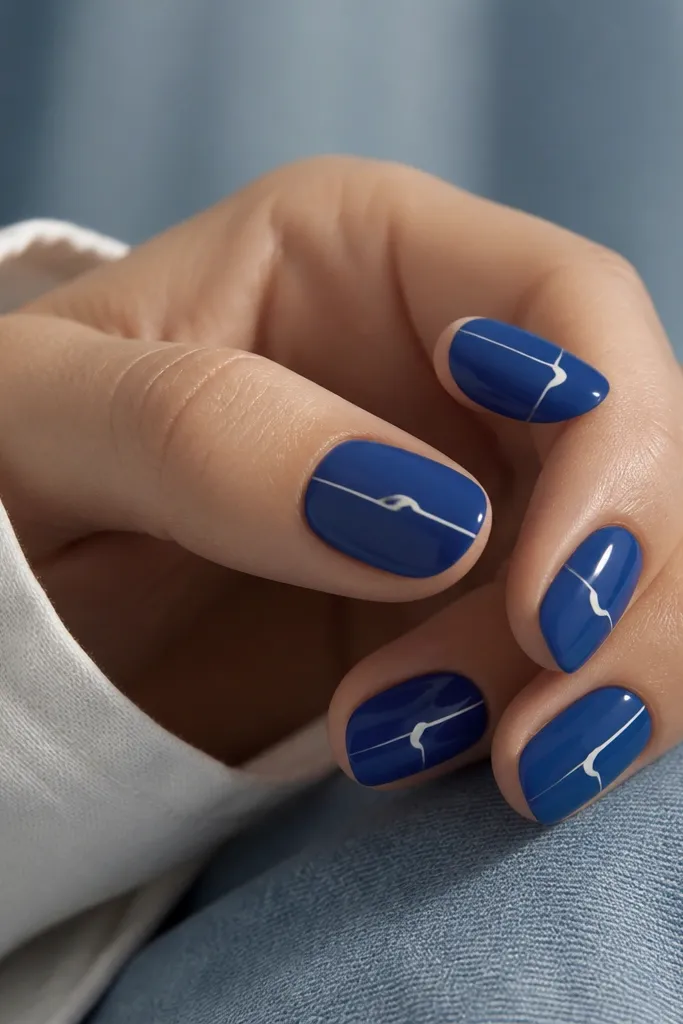 Short soft-almond nails in glossy royal blue. A thin white line runs horizontally about halfway down the nail, with a tiny wave curve at the center. The line is crisp and clean.