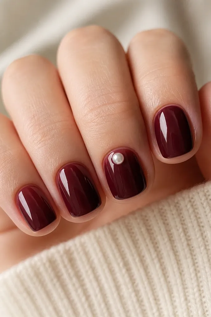 Short rounded-square nails in deep burgundy glossy. On one nail, a small off-white pearl sits right under the cuticle curve, centered, with a tiny clear gel around it. Other nails are plain burgundy.