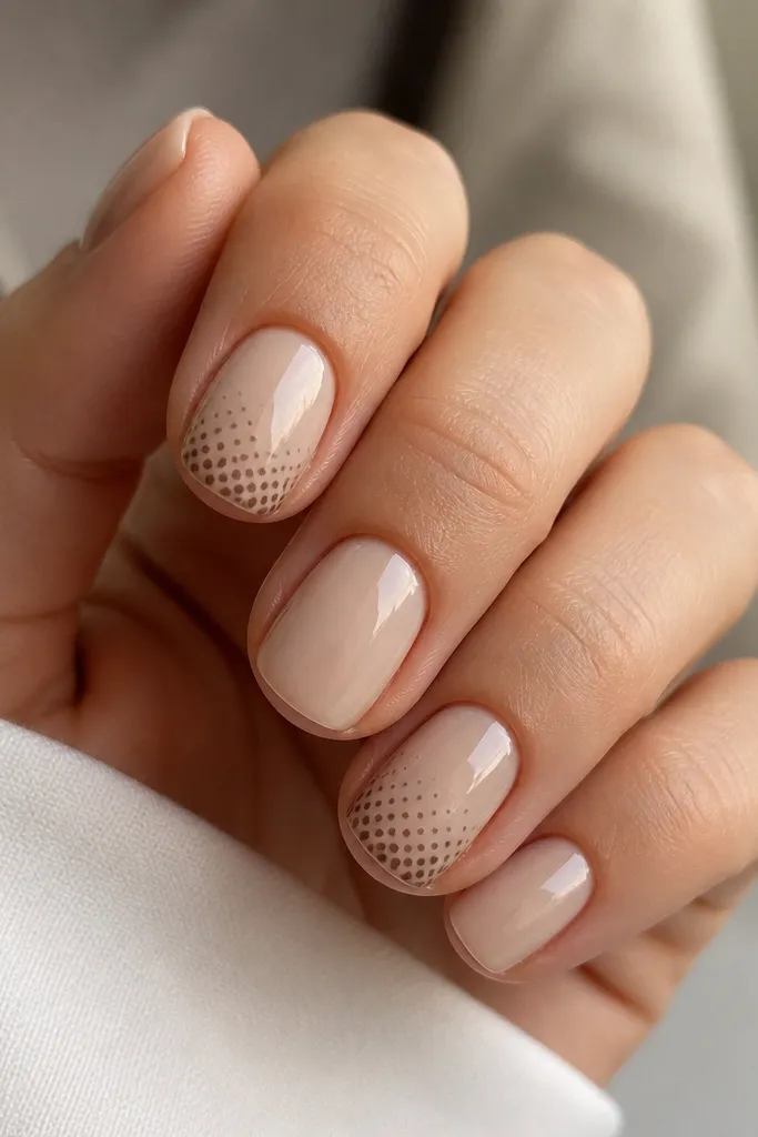 Short nails in beige nude. On two nails, brown dots start denser near the tip and fade toward the center. The dots look like a soft ombré made from circles. Glossy finish.