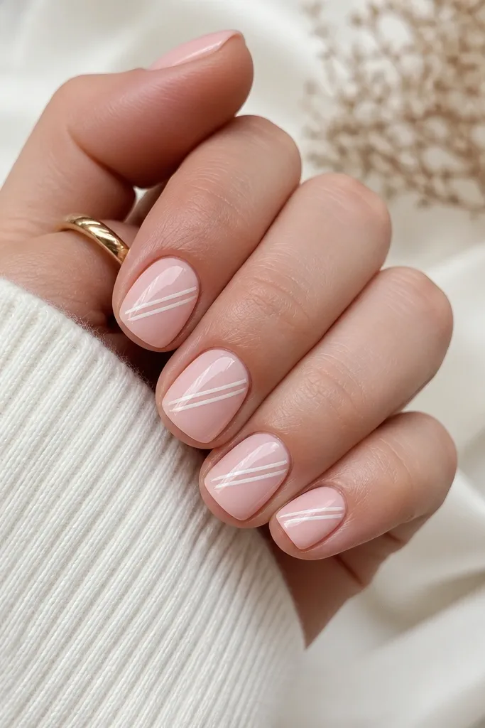 Short nails in powder pink glossy. On each nail, there are two to three thin diagonal lines in white and light gray, stacked close together near the center and tapering as they go toward the tip. The lines are crisp and evenly spaced.