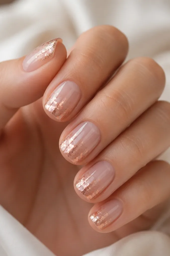 Short nails with a clear jelly base. At the tips, rose gold foil flakes are scattered like tiny shards, with the densest area near the free edge. The rest of the nail is transparent and glossy.