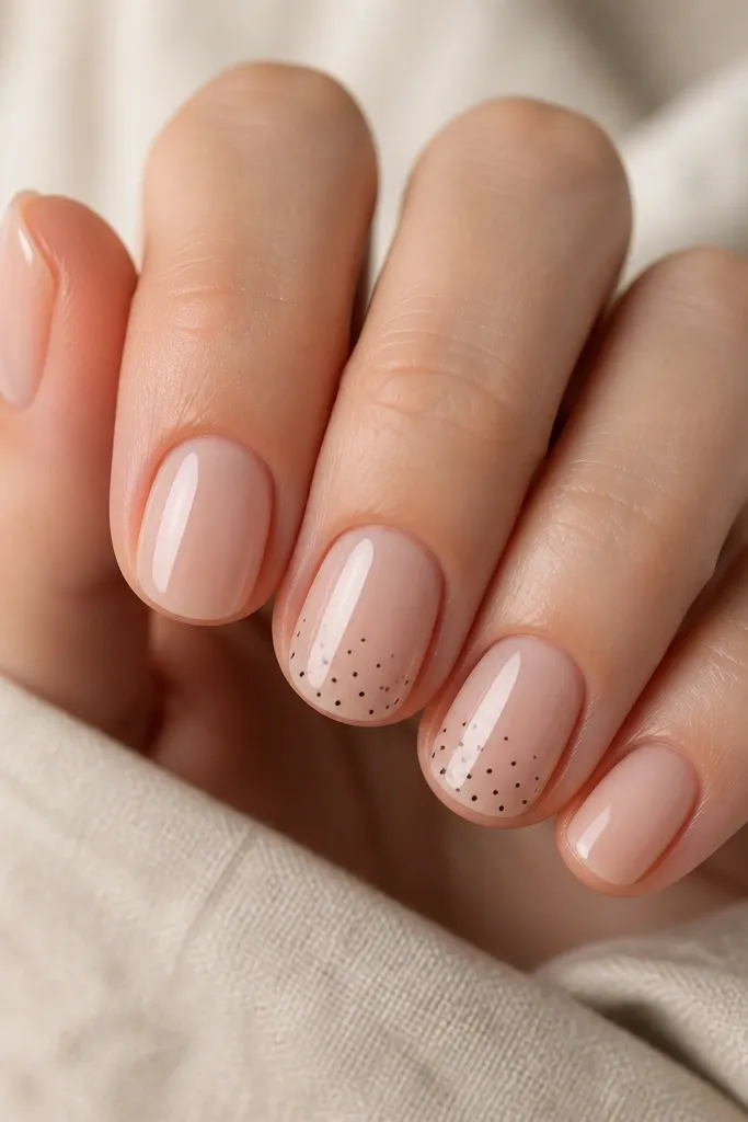 Short rounded-square nails in nude. On two nails, there are micro black polka dots scattered lightly, with slightly more dots near the tip. The dots are small and evenly spaced. Glossy top coat.