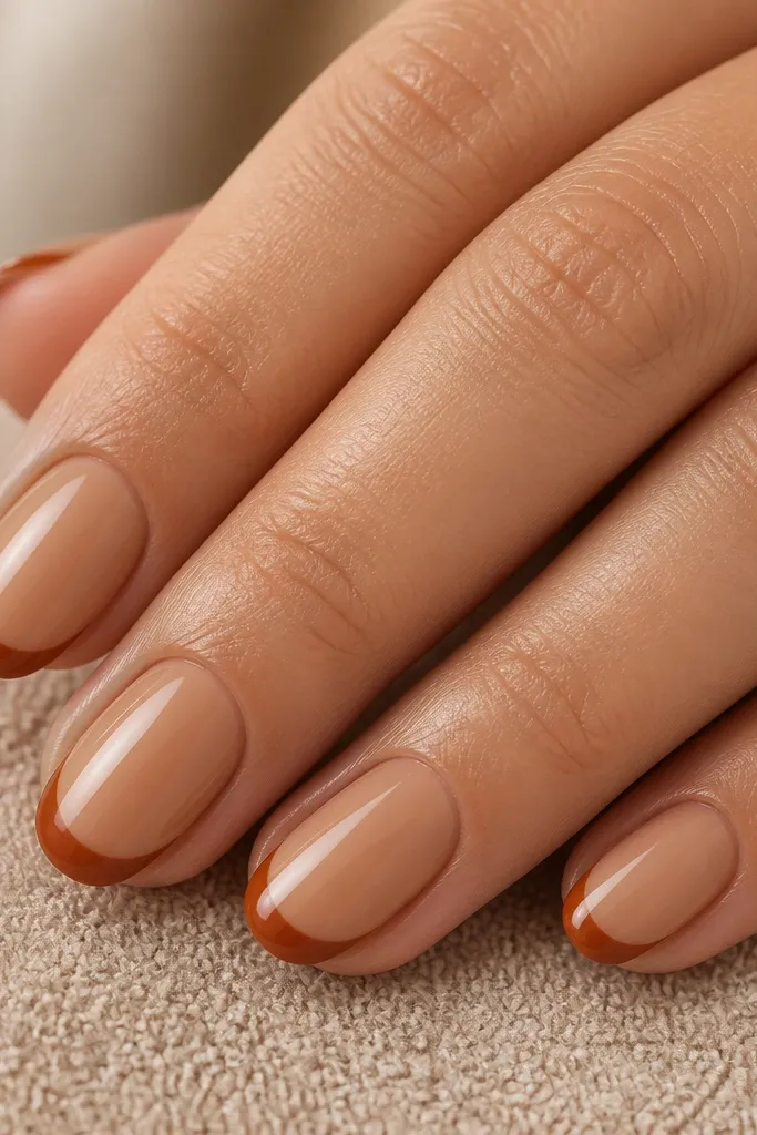 Close-up of short almond nails on a hand resting on a beige towel. The base is a warm toffee-nude nude gel. The tips are crisp French lines in burnt sienna, slightly rounded at the sides. The finish is high-gloss and clean with no nail art on the ring finger.