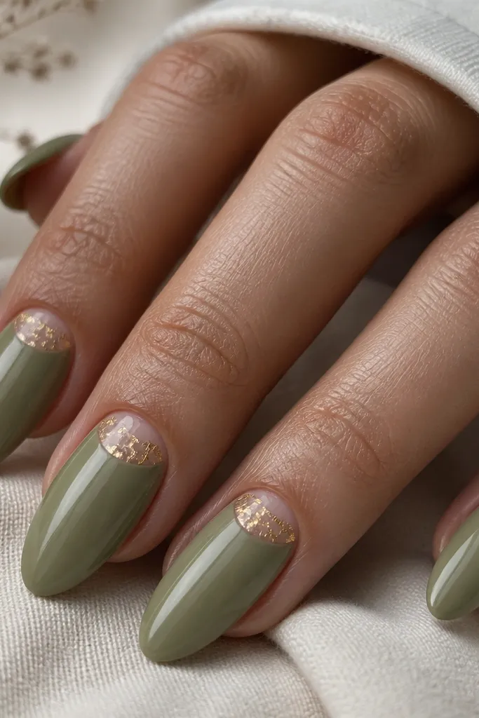 Almond nails with a soft olive-sage base. At the cuticle, a half-moon shape is left crisp in a nude-clear tone, then filled with tiny gold foil flakes. The rest of the nail is matte-satin except for a glossy top coat on top.