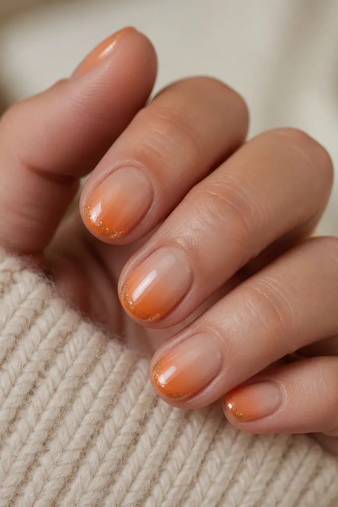 Short round nails with a smooth gradient from nude at the cuticle to warm pumpkin orange at the tip. Along the very edge is a thin band of micro glitter, like dusting. The nails are glossy and the gradient is smooth with no hard lines.