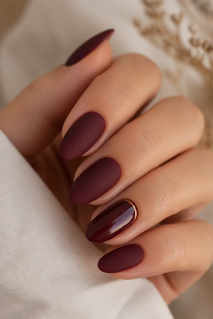 Medium almond nails in deep burgundy. Most nails are matte, with a soft velvety look. One nail (ring finger) has a glossy top coat and a tiny thin gold line near the cuticle.