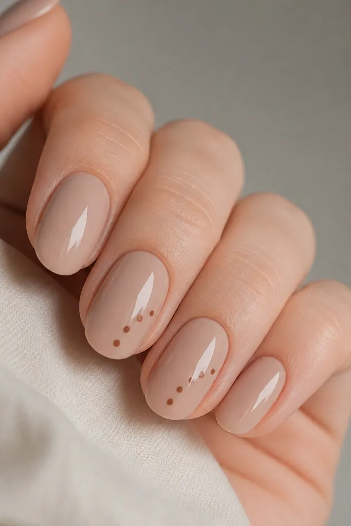 Nude BIAB nails with a warm beige base. On two nails, there are small cinnamon-brown dots arranged diagonally from mid-nail to the tip. The dots are uniform and crisp, and the finish is glossy.