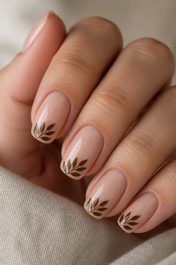 Sheer nude BIAB nails with a glossy shine. On each nail, a simple black-brown leaf silhouette sits near the tip, like a stamp. The lines are clean and slightly raised under top coat.