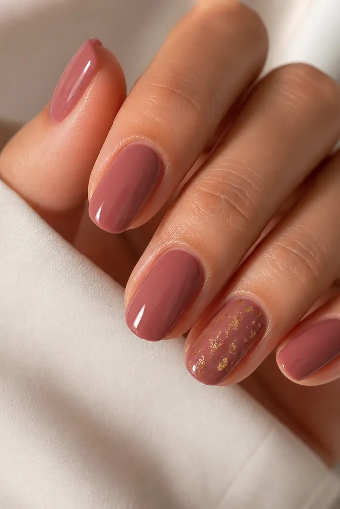 Nails in a rosy rosewood blush tone. The ring finger has scattered gold foil flecks across the middle, while other nails stay solid color. The cuticles are clean and the nails are glossy and smooth.