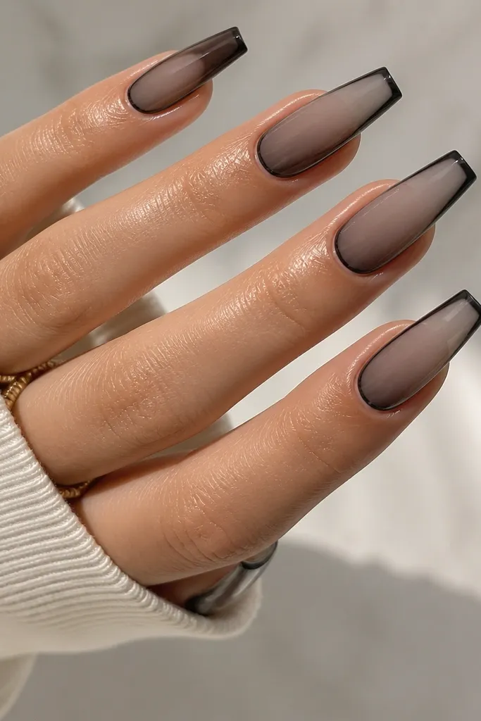 Coffin nails with a smoky taupe fade that gets darker toward the tip. On top of the fade, there is a thin blackened outline along the nail edges, like a frame. The finish is glossy and the outline is crisp.