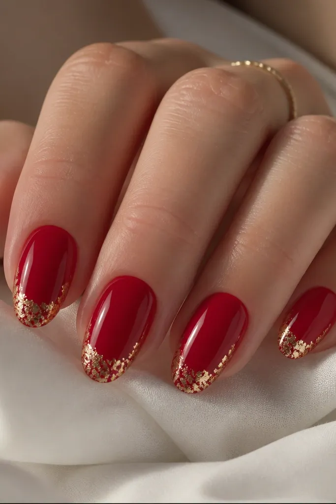 Short almond nails with a glossy cherry-red BIAB base. The tips have thin, irregular micro-gold foil placed like a snowfall edge, with no glitter fill-through. One accent nail shows slightly heavier foil on the outer corner.