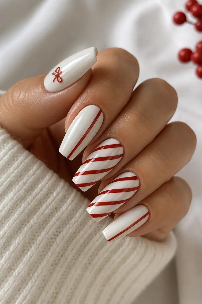Medium coffin nails in glossy creamy white. Two nails have crisp diagonal red candy cane stripes with a slight curve, while the other nails show a single thin red stripe near the sidewall. One thumb has a tiny red bow dot near the cuticle.