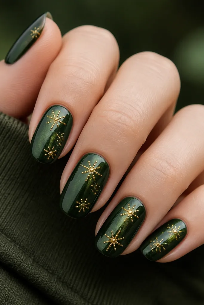 Glossy forest green nails with a gradient-like shine. Each nail has tiny gold star shapes made from dot clusters near the center and upper tip, with one nail showing a single larger star. Stars are raised slightly by foil or chrome particles.