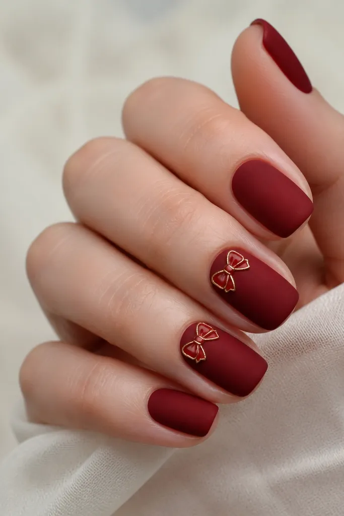 Short squoval nails in deep red that looks like velvet under matte finish. Two accent nails have a small glossy red bow at the cuticle area, outlined with a thin gold line. The rest of the nails stay fully matte with no glitter.