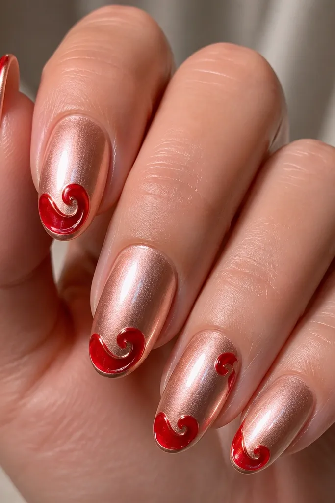 Glossy rose gold nails with a soft metallic sheen. The tips have glazed red swirls that curl inward like ribbons, leaving a thin rose-gold border around the swirl. One accent nail has a tiny red swirl near the sidewall.