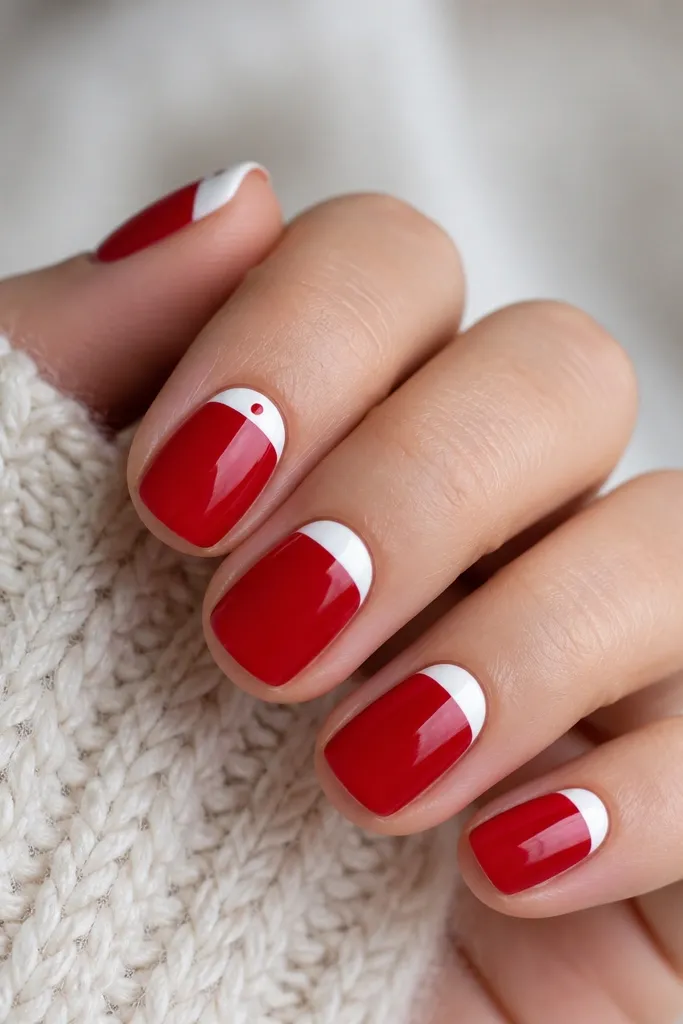 Short squoval nails in glossy classic red. The tips have a clean white half-moon "snow cap" shape that covers only the top edge, with a crisp boundary line. One nail has a tiny red dot at the center of the white area.