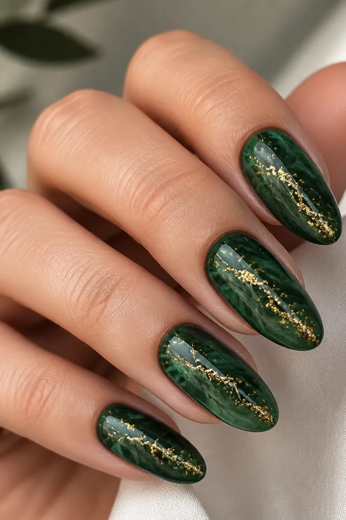 Medium almond nails with a deep green base and marbled lighter green streaks. A single diagonal glitter vein runs from mid-nail toward the tip on each nail, with gold foil flecks around it. The overall look is glossy and fluid, not chunky.