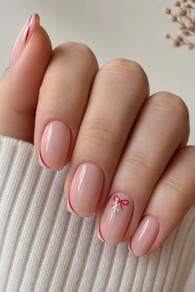 Nude pink BIAB nails with a glossy finish. One accent nail has a small red bow near the cuticle made from two curved lines, and a tiny cluster of clear rhinestones under the bow. Each nail has a thin red "garland" line along one sidewall near the tip.