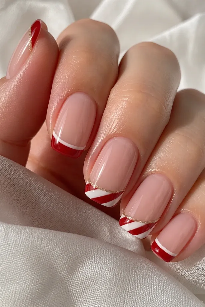 Five nails in soft squoval shape. The base is sheer jelly pink with a glassy BIAB shine. Two accent nails have candy-cane stripes on the tips in white and glossy red, with tiny gold micro-glitter only around the stripe edges. The remaining nails have a thin red jelly band at the tip and a clean white line just inside the edge.