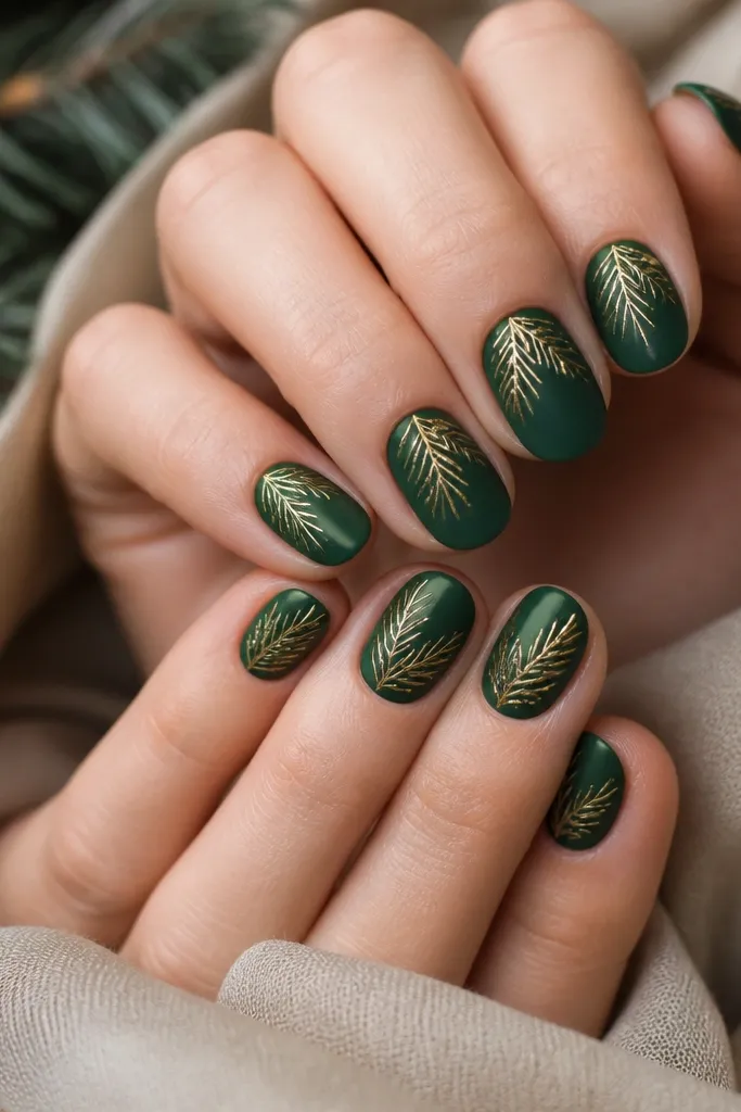 All nails are short almond. The base is deep emerald green with a matte finish. On each nail, there are thin gold foil lines that look like pine branch strokes, concentrated near the center and tapering toward the cuticle. One nail has two small dots of metallic gold near the cuticle like tiny ornaments.