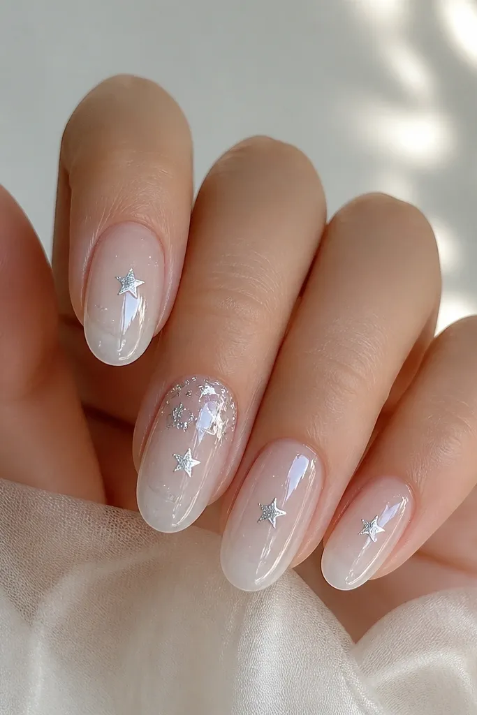 The nails are clear and glossy with a soft gradient of cool white near the center. Tiny silver star charms appear to float inside the clear gel, like a snow globe. One nail has a small cluster of stars around the cuticle, and the others have single stars spaced near the middle.