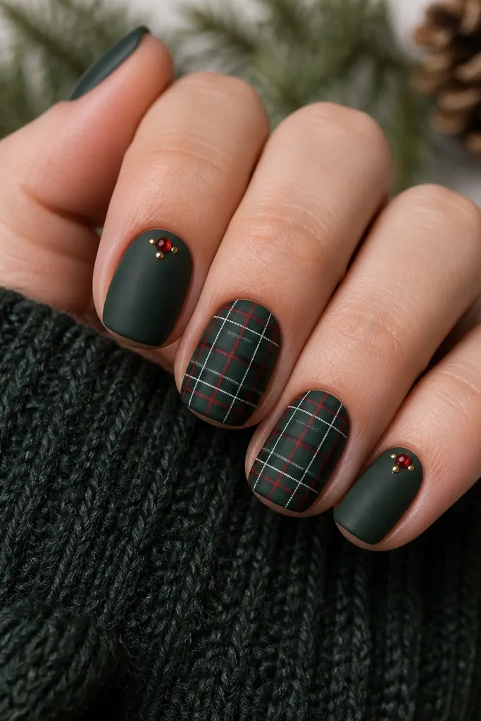 Short squoval nails with a deep green satin base. Two nails have tartan plaid: thin lines of black, white, and red arranged in a grid. On the accent nails, tiny red micro-rhinestones sit like baubles near the cuticle, with a small gold dot beside them. The plaid lines are crisp and evenly spaced.
