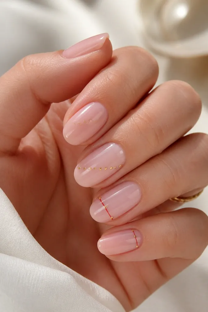 All nails are a soft rose quartz pink with a glossy finish. Three nails have tiny gold dots arranged in a diagonal candy pattern. Two nails have a single thin red line across the middle of the nail, with one gold dot at each end. The overall look is minimal, clean, and shiny.