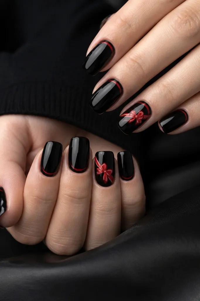 Nails are medium length squoval in deep black glossy BIAB. Two accent nails have red glossy bow strips painted diagonally near the cuticle, with small white highlights on the bow edges. The rest of the nails have a single thin red line near the cuticle that curves slightly like a ribbon.